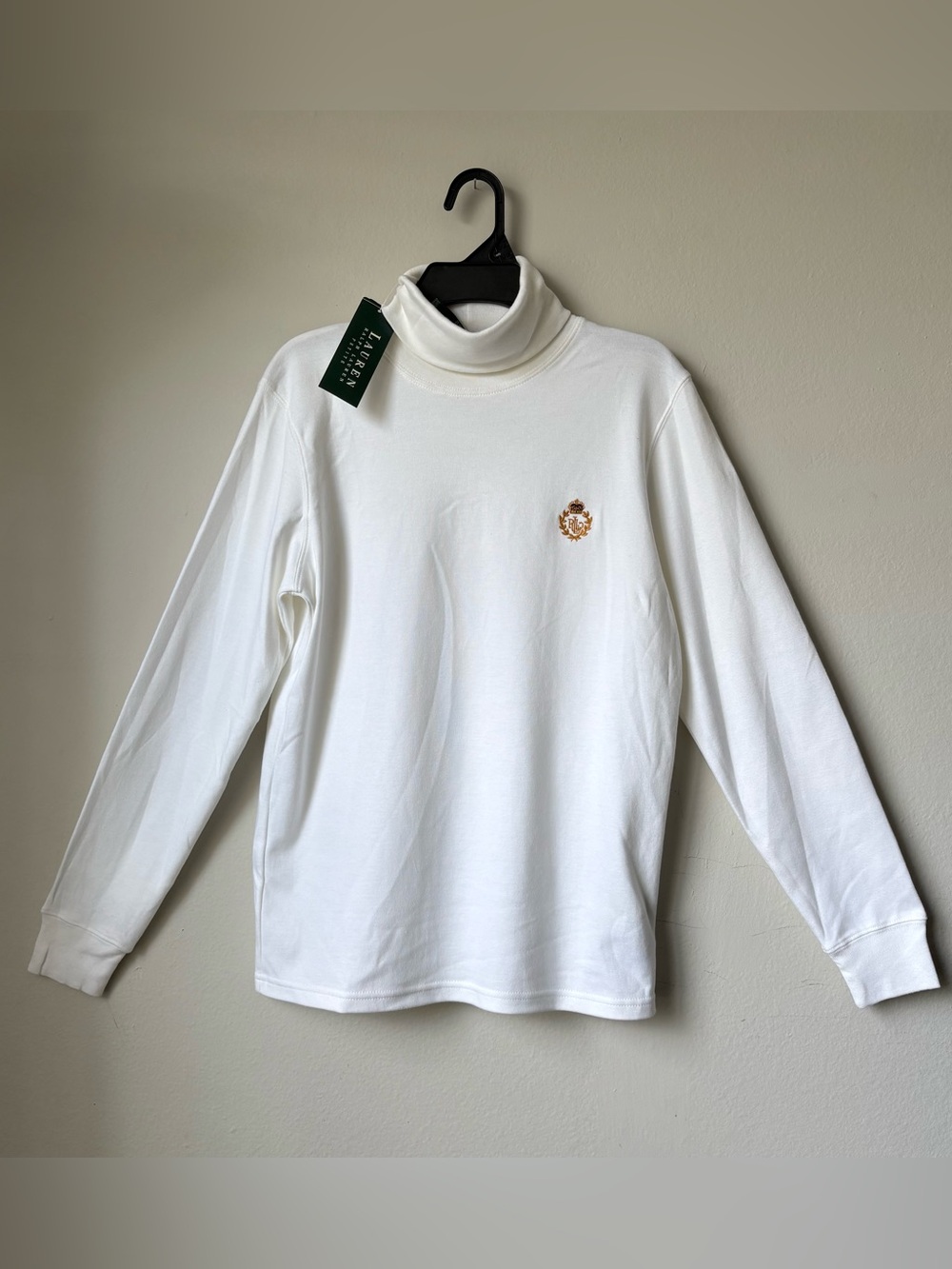 NWT Lauren Ralph Lauren petite Ivory Turtleneck top crest Embroidered 100% Cotto
